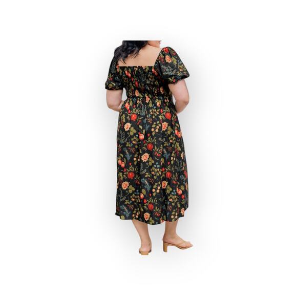 Cider Fruit Print Square Neck Puff Sleeve Midi Dress – Curve 1XL - Picture 5 of 9